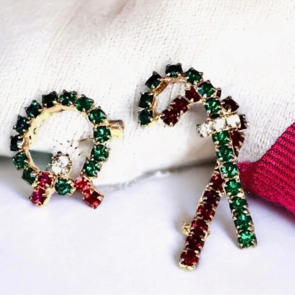 Vintage Christmas Brooch CANDY CANE + WREATH Rhinestones 2 Pins